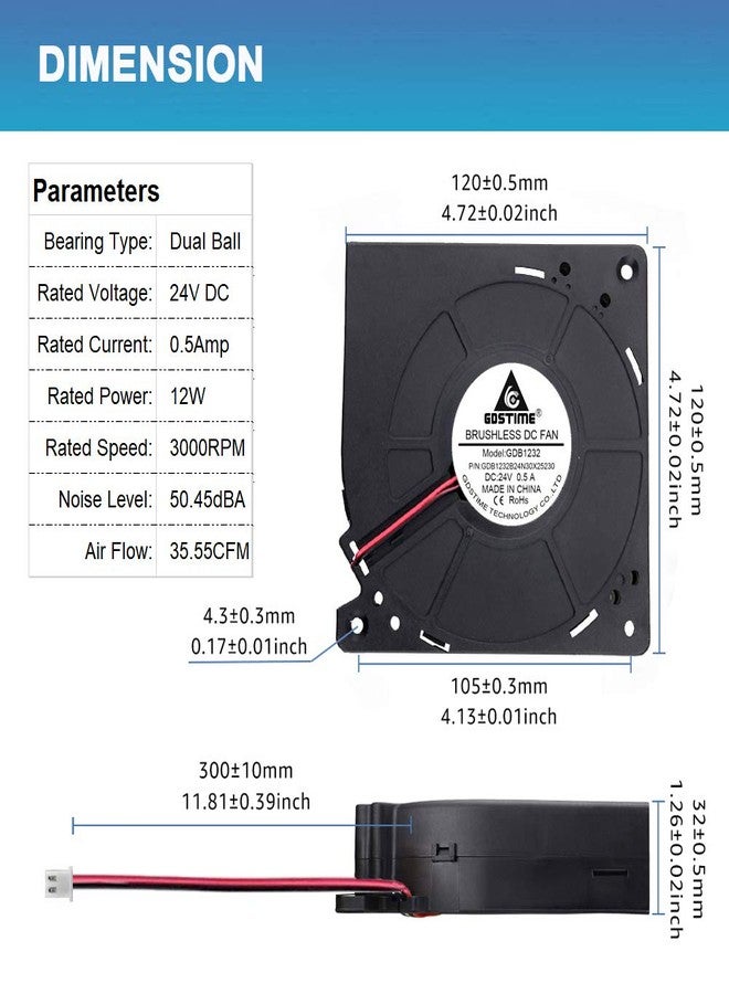 GDSTIME Brushless Radial Blower Fan High Speed 24V DC Centrifugal Fan 120mm x120mm x 32mm - Image 5